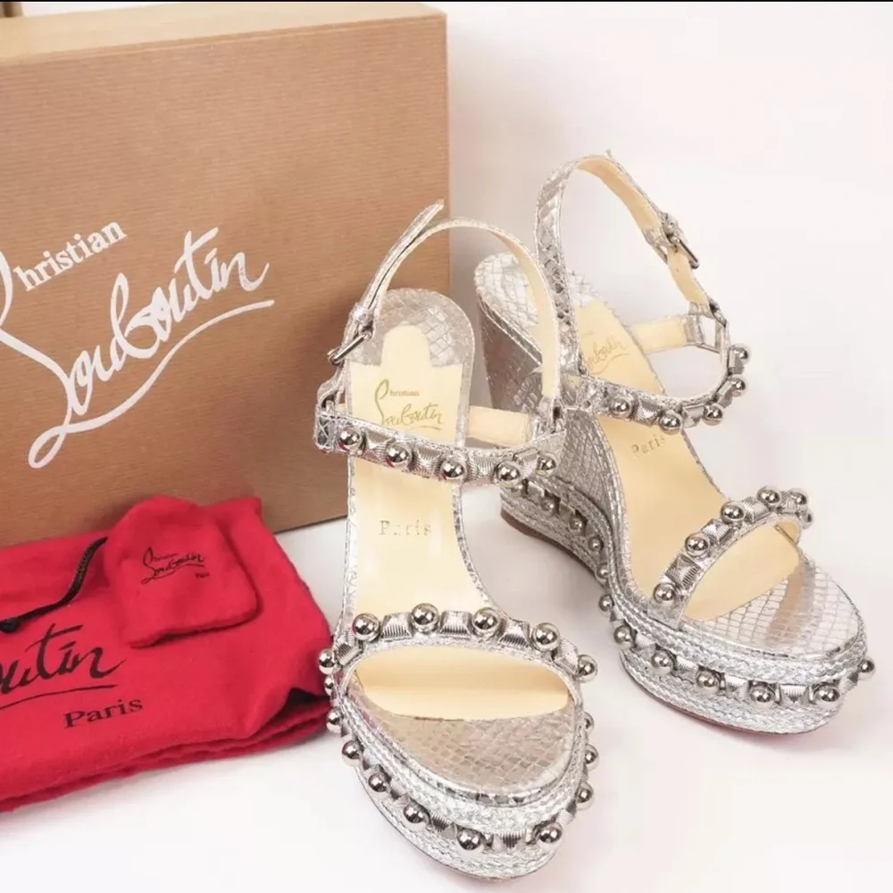 ๐ฅCHRISTIAN LOUBOUTIN 100% AuthSilver Snake&Embellished Platform Espadrille 39 - Picture 10 of 16